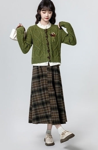 Green Layered Cable Knit Short Cardigan Top