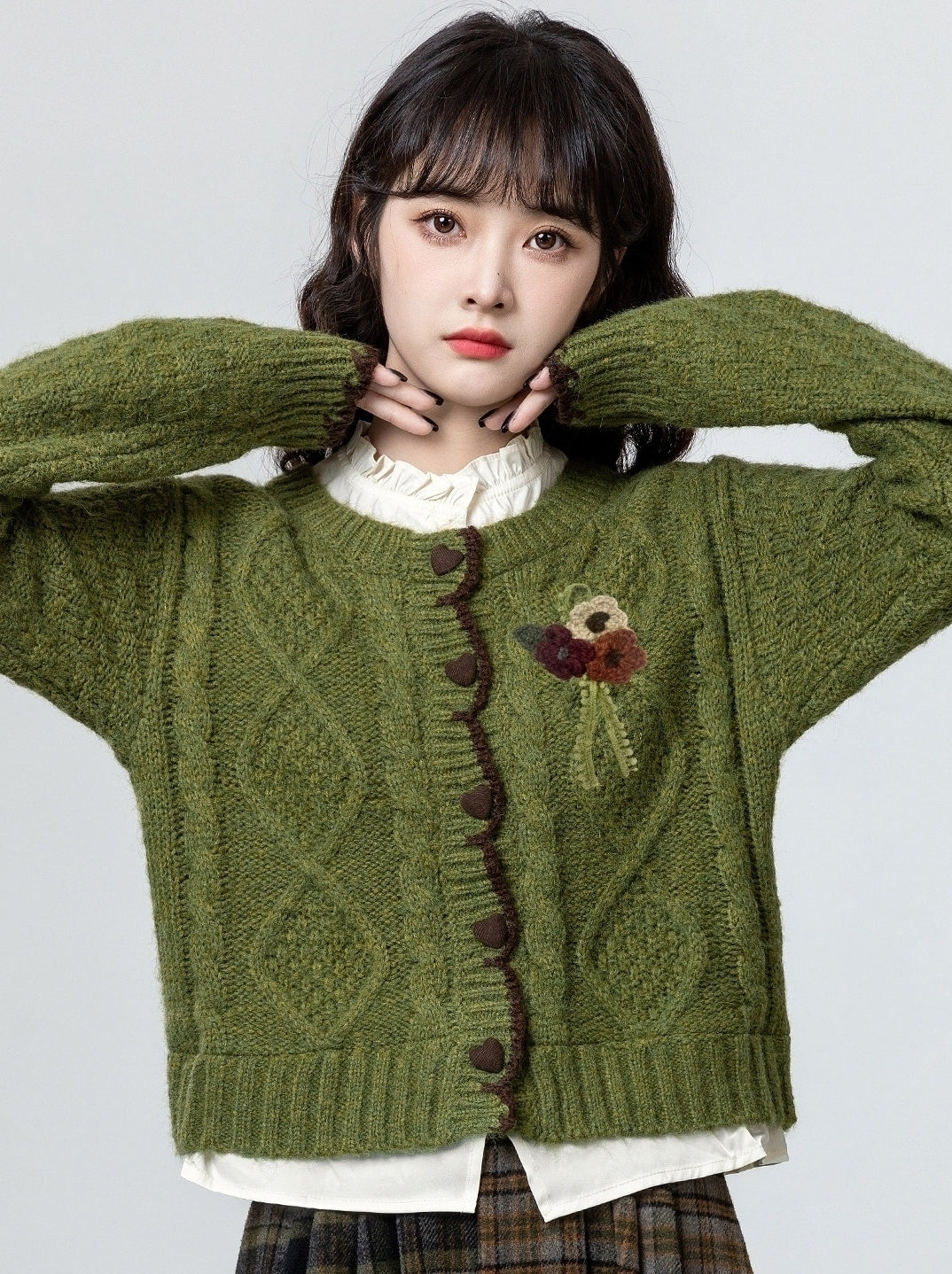 Green Layered Cable Knit Short Cardigan Top