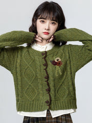 Green Layered Cable Knit Short Cardigan Top