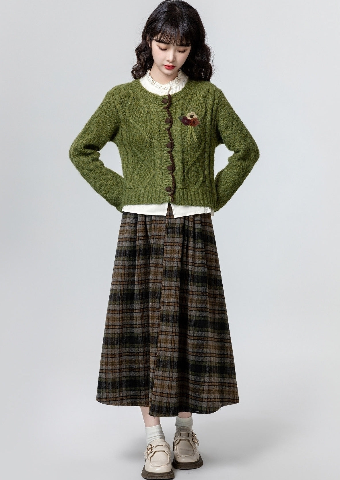 Green Layered Cable Knit Short Cardigan Top