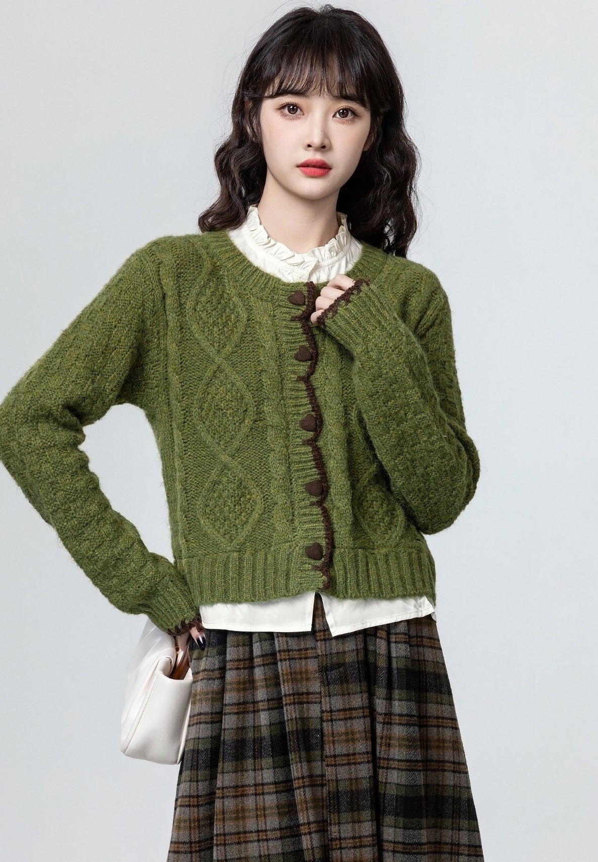 Green Layered Cable Knit Short Cardigan Top
