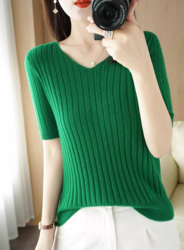 Green Ribbed V-Neck T-Shirt