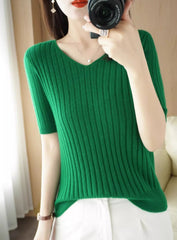Green Ribbed V-Neck T-Shirt