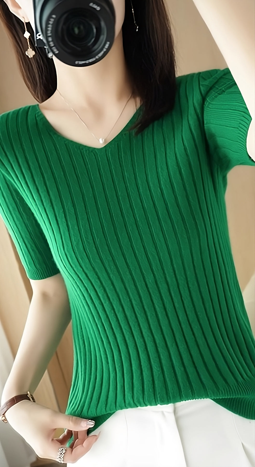 Green Ribbed V-Neck T-Shirt