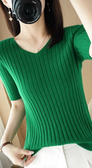Green Ribbed V-Neck T-Shirt