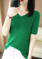Green Ribbed V-Neck T-Shirt