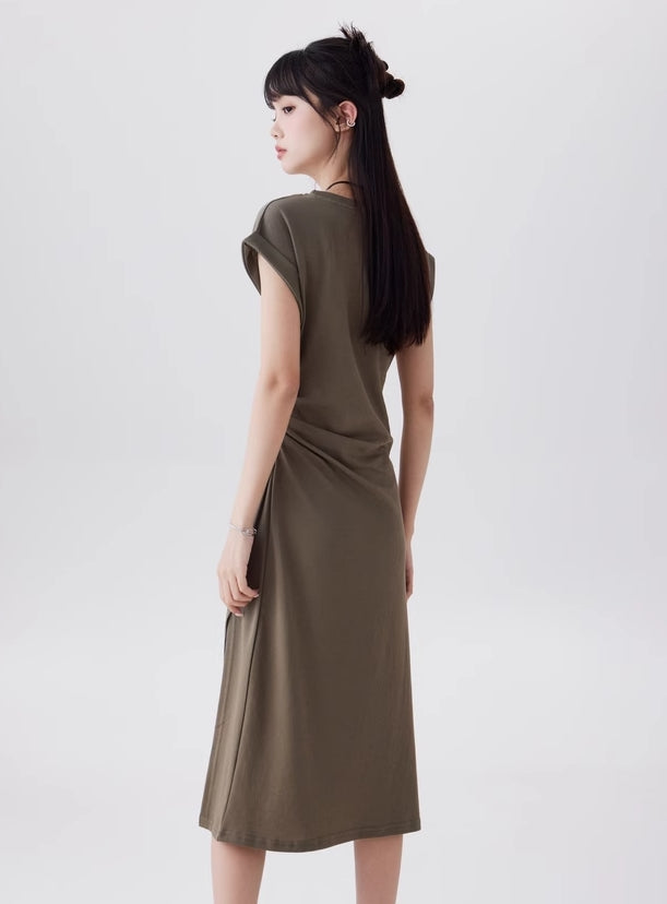 Green Short Sleeve Draped Waist Dress