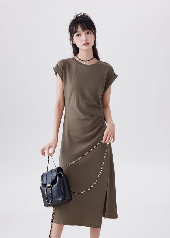 Green Short Sleeve Draped Waist Dress