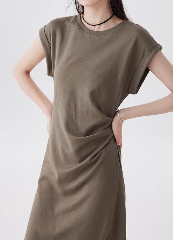 Green Short Sleeve Draped Waist Dress