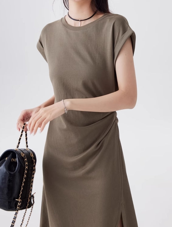 Green Short Sleeve Draped Waist Dress