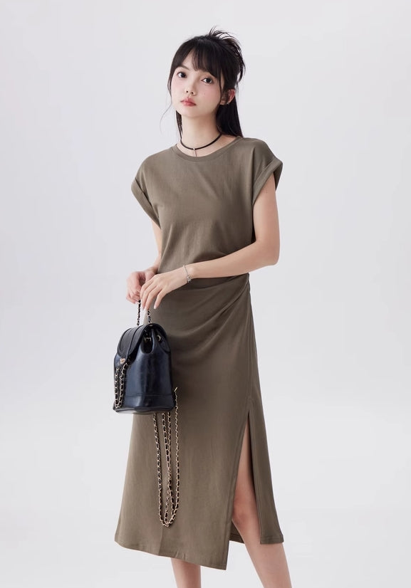 Green Short Sleeve Draped Waist Dress