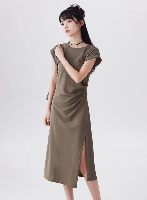 Green Short Sleeve Draped Waist Dress