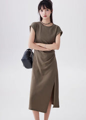 Green Short Sleeve Draped Waist Dress