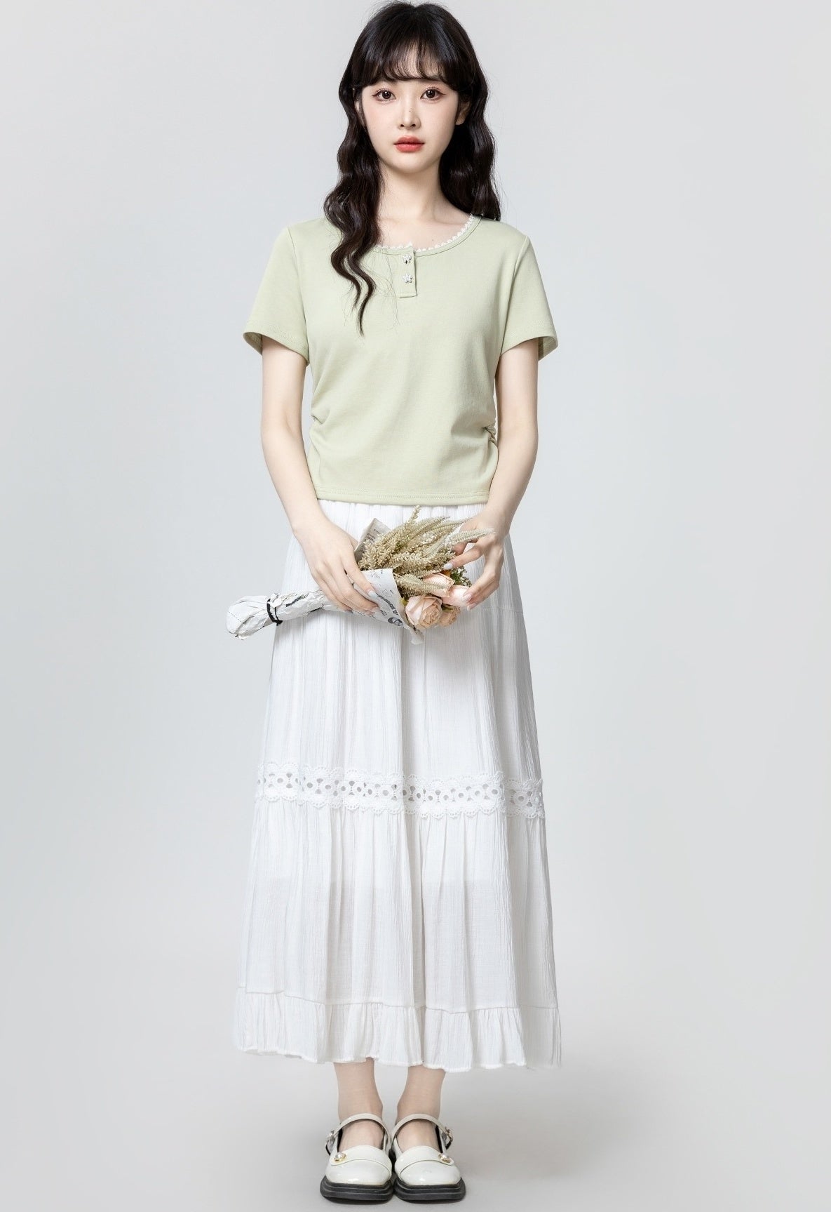 Green Shortsleeve T-Shirt With Floral Collar Design