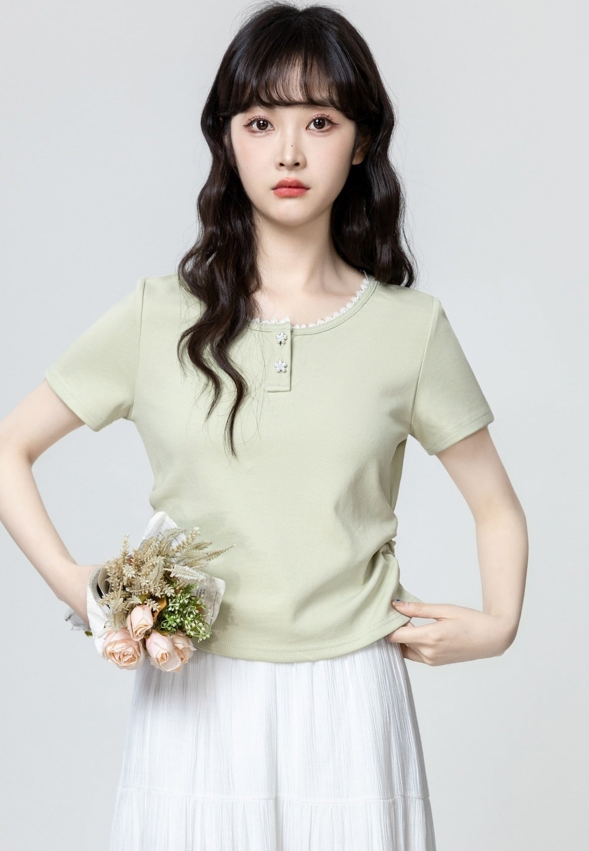 Green Shortsleeve T-Shirt With Floral Collar Design