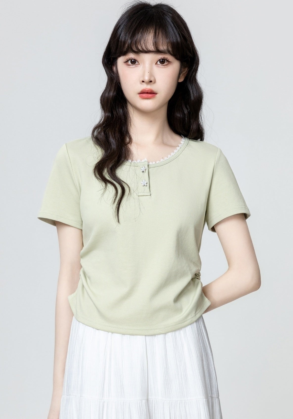Green Shortsleeve T-Shirt With Floral Collar Design