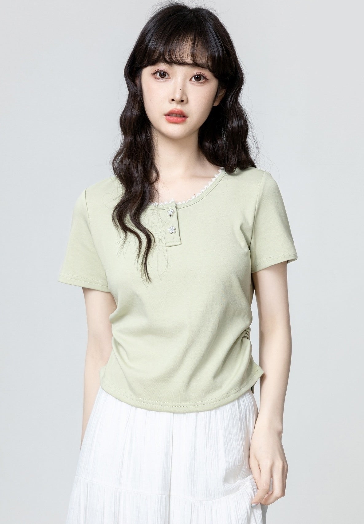 Green Shortsleeve T-Shirt With Floral Collar Design