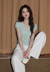 Green V Neck Knit Short Sleeve Top