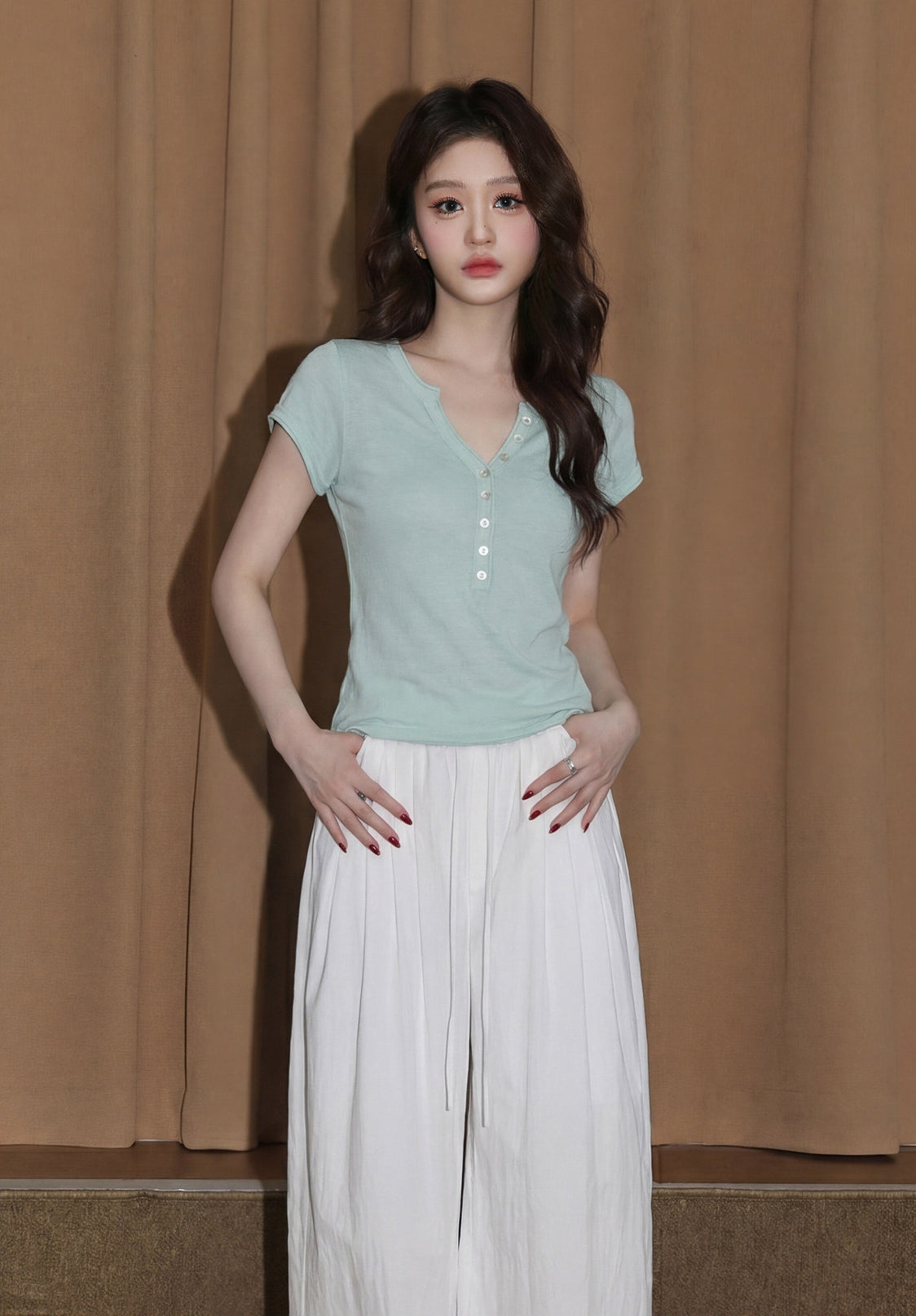 Green V Neck Knit Short Sleeve Top