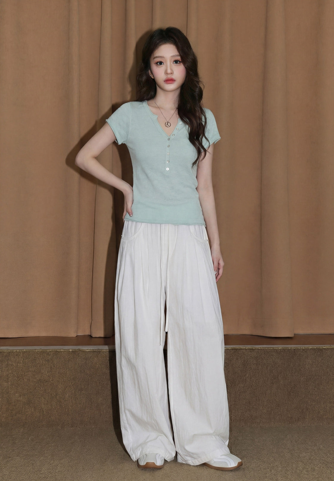 Green V Neck Knit Short Sleeve Top