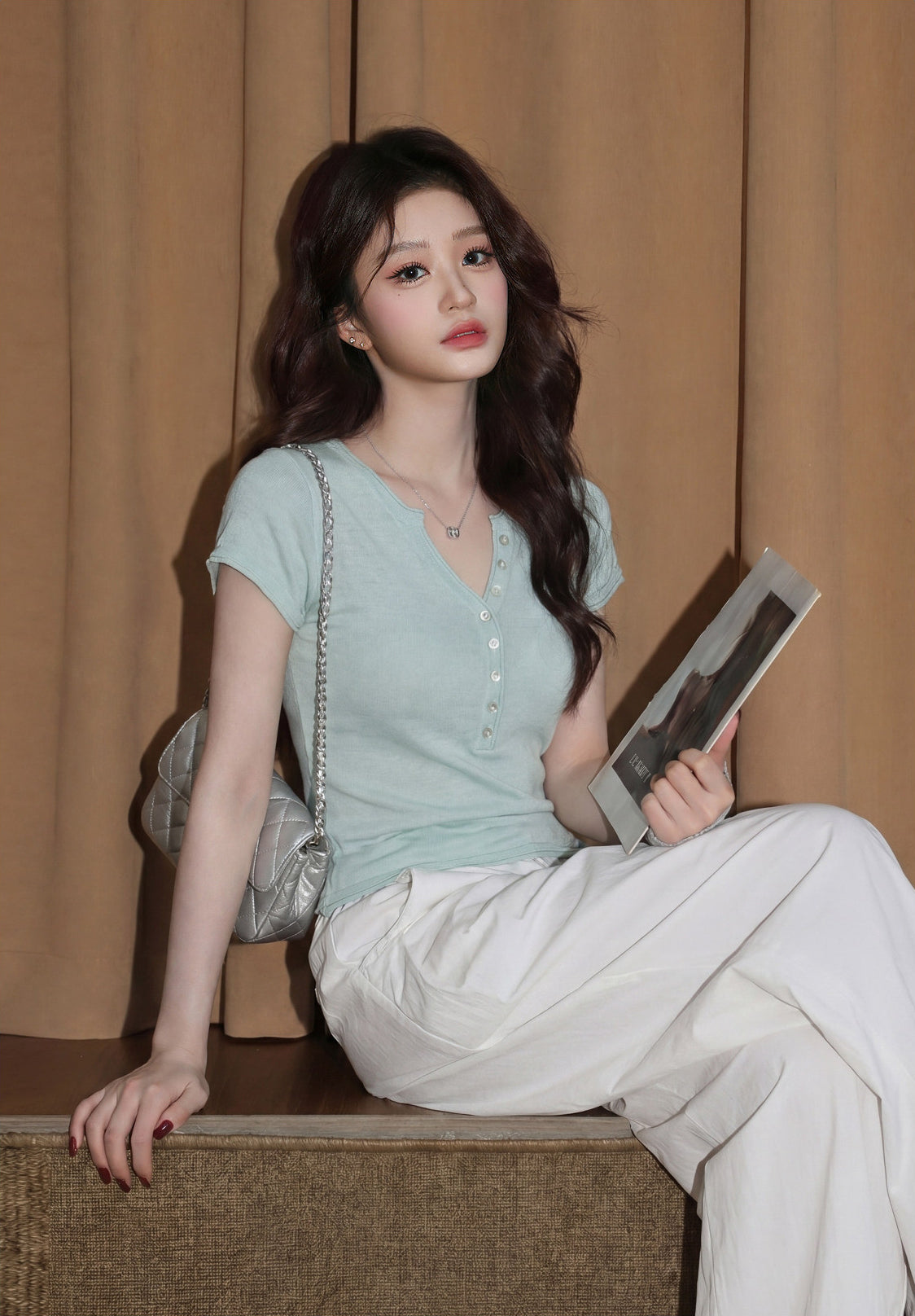 Green V Neck Knit Short Sleeve Top