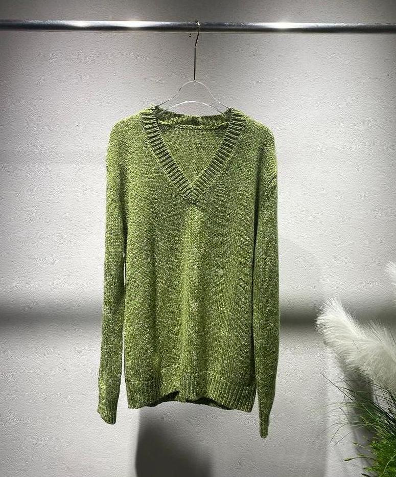 Green V-Neck Knit Sweater