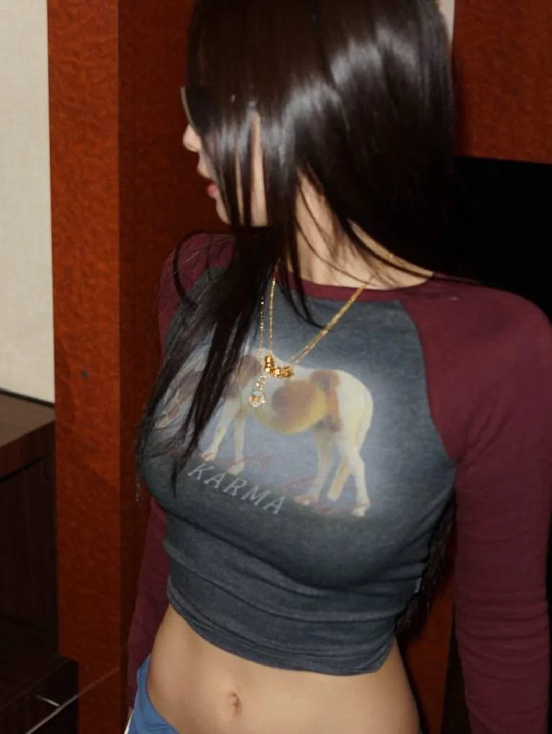 Grey And Red Horse Karma Print Raglan T-Shirt