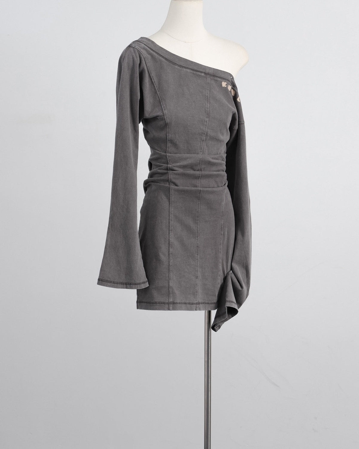 Grey Asymmetric Off-Shoulder Long Sleeve Dress