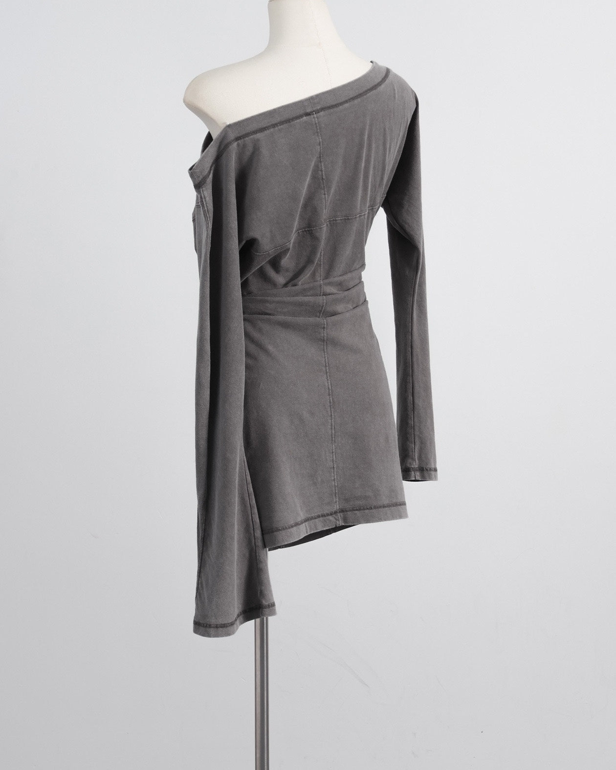 Grey Asymmetric Off-Shoulder Long Sleeve Dress