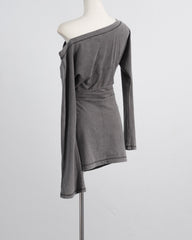 Grey Asymmetric Off-Shoulder Long Sleeve Dress