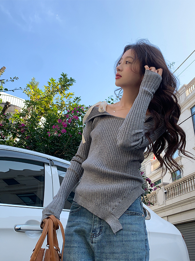 Grey Asymmetrical Lace Shoulders Top