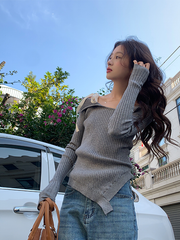 Grey Asymmetrical Lace Shoulders Top