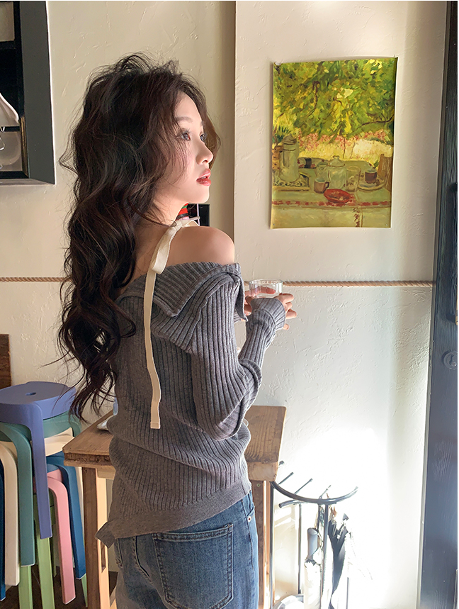Grey Asymmetrical Lace Shoulders Top