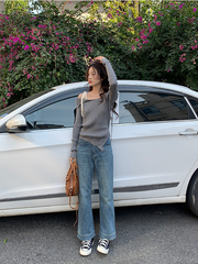 Grey Asymmetrical Lace Shoulders Top