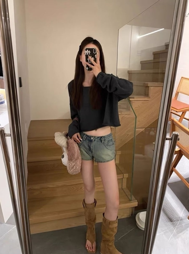 Grey Boatneck Crop Sweater