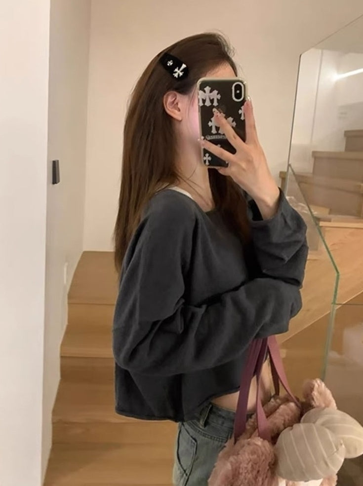 Grey Boatneck Crop Sweater