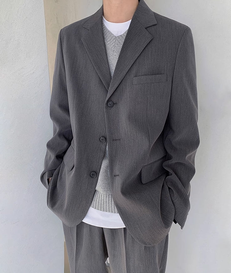 Grey Button-Down Suit Blazer Jacket