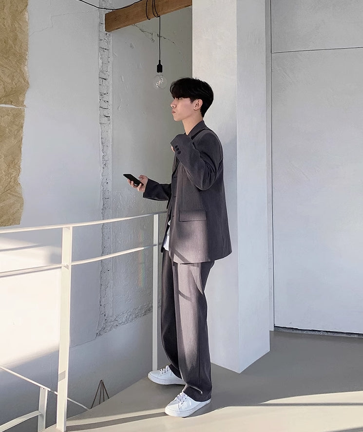 Grey Button-Down Suit Blazer Jacket