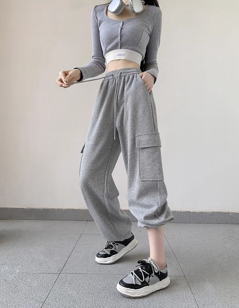 Grey Cargo Pockets Sweatpants