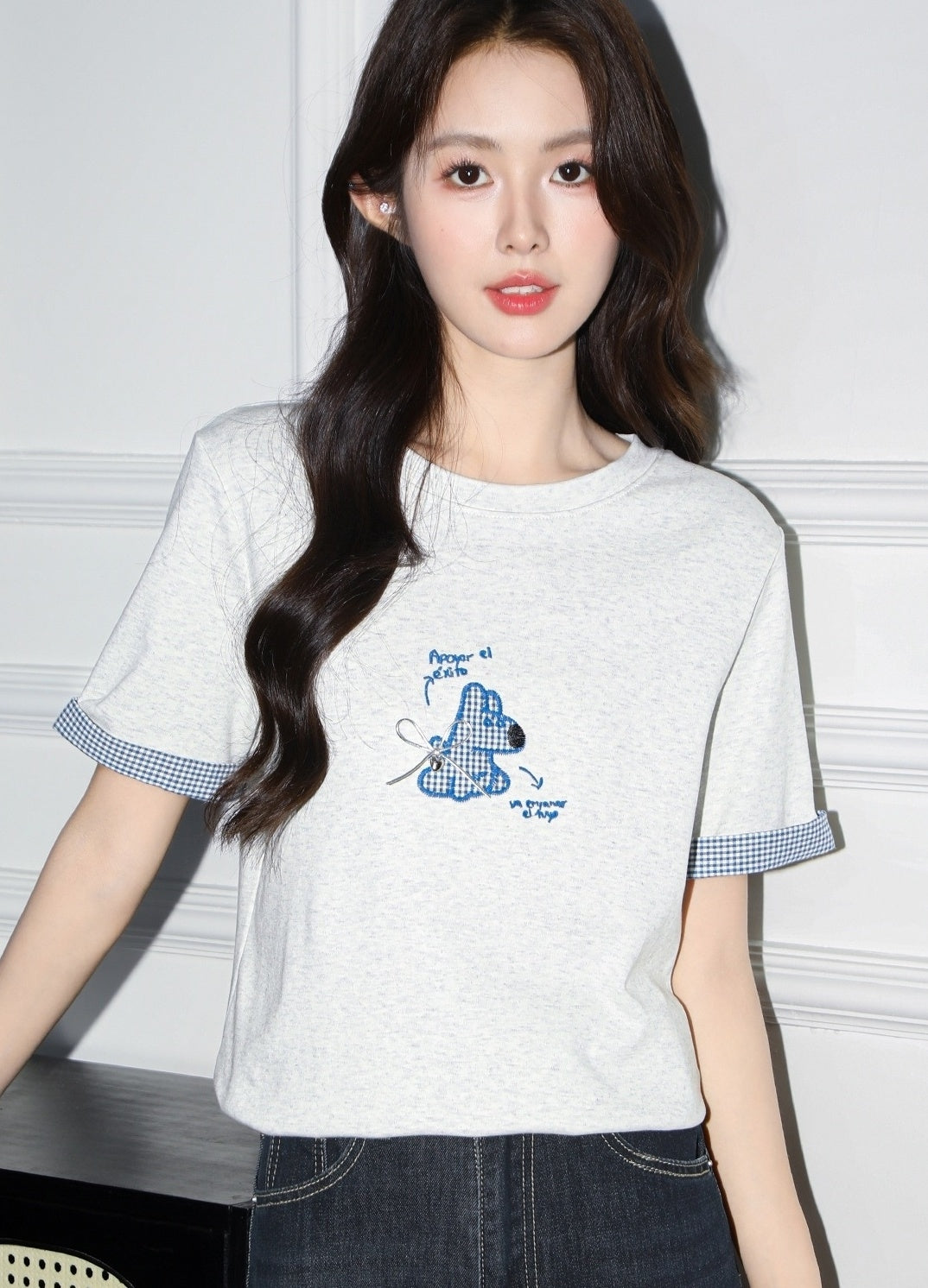 Grey Cartoon Embroidered Patchwork Crewneck T Shirt