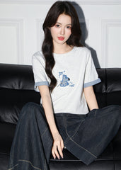 Grey Cartoon Embroidered Patchwork Crewneck T Shirt