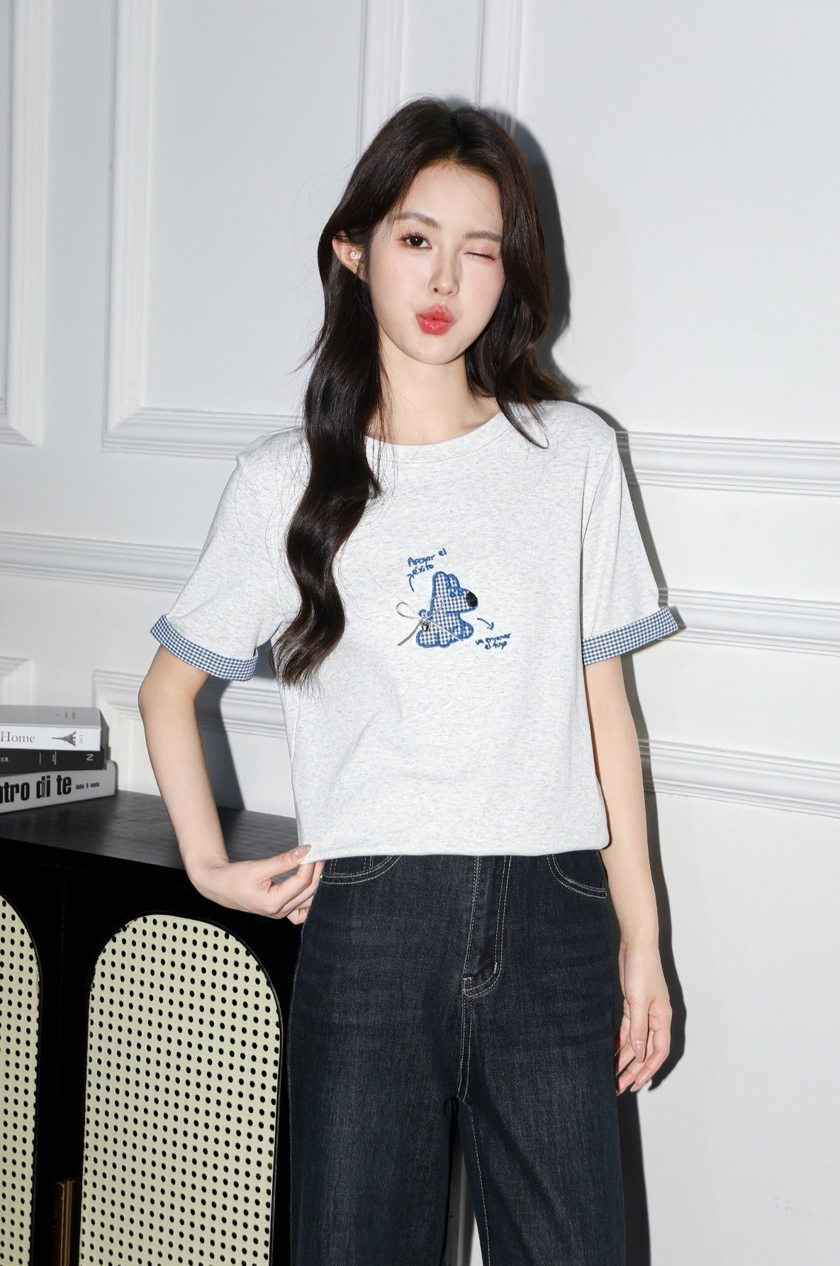 Grey Cartoon Embroidered Patchwork Crewneck T Shirt