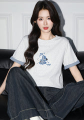 Grey Cartoon Embroidered Patchwork Crewneck T Shirt