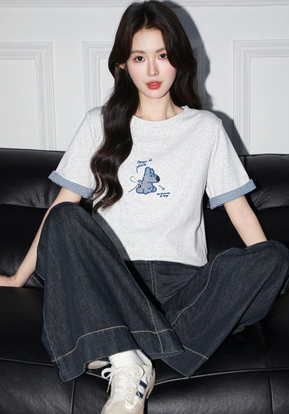 Grey Cartoon Embroidered Patchwork Crewneck T Shirt