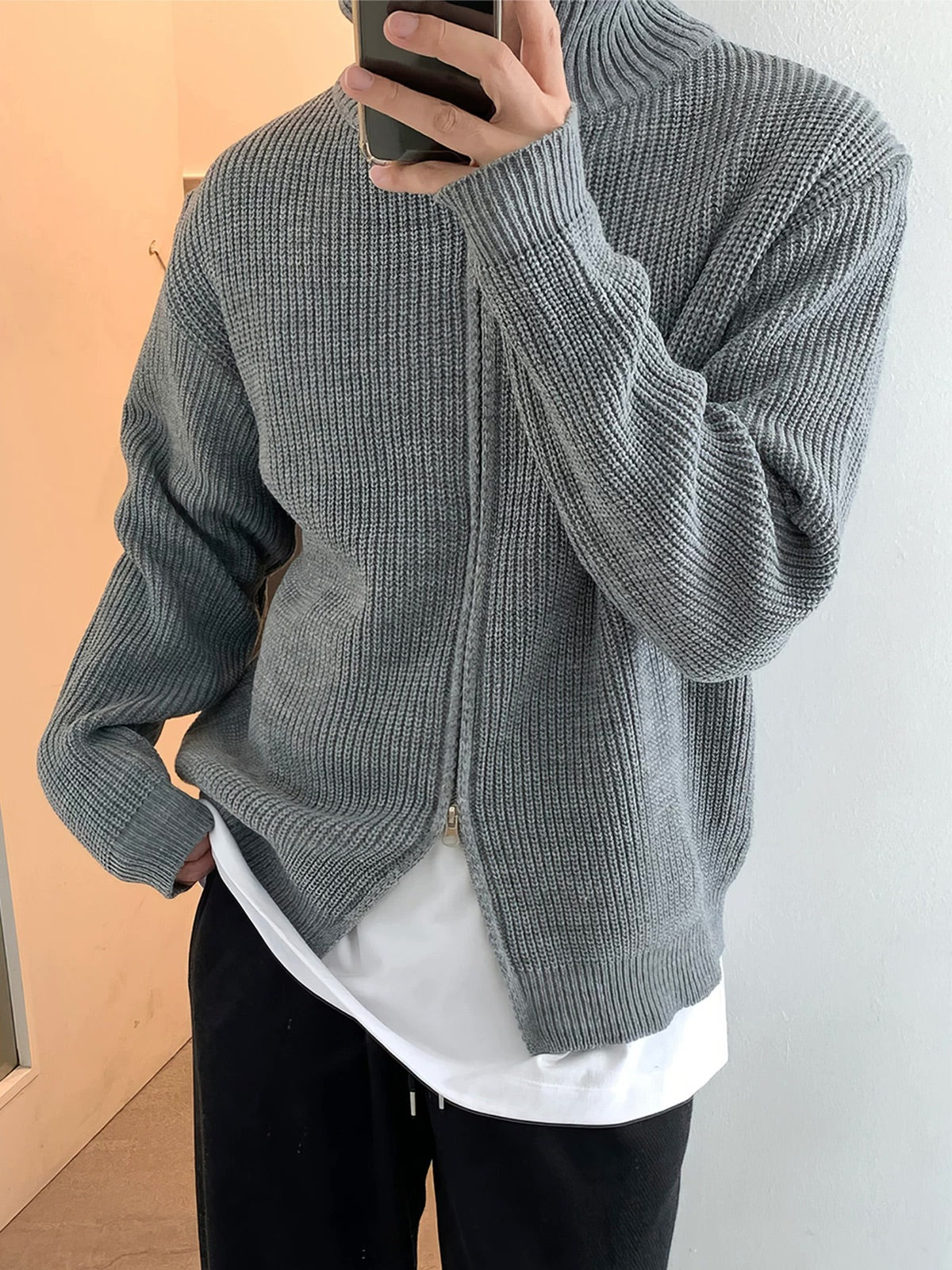 Grey Casual Ribbed Cardigan