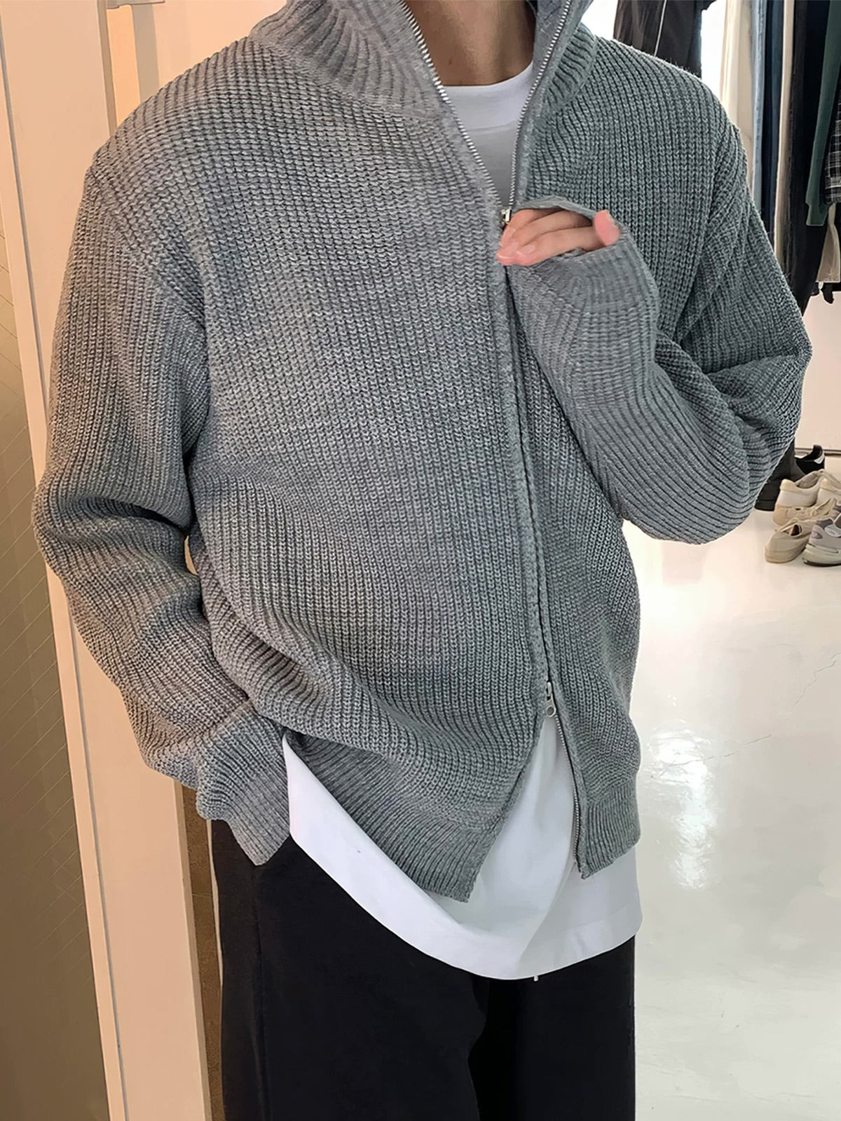 Grey Casual Ribbed Cardigan