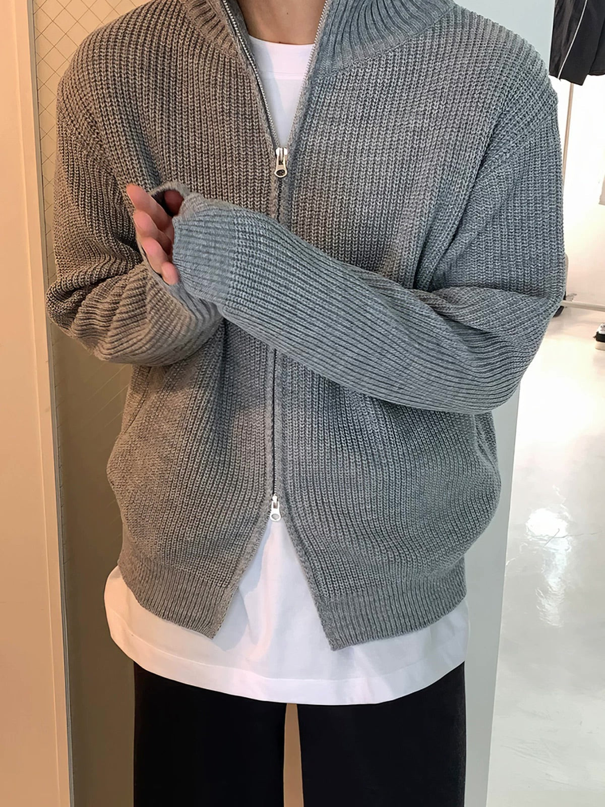 Grey Casual Ribbed Cardigan