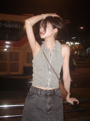 Grey Collared Halter Denim Top
