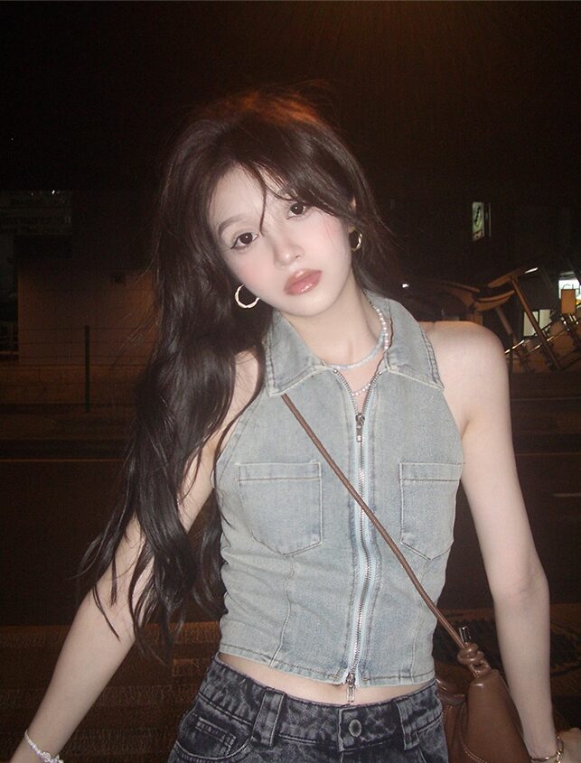 Grey Collared Halter Denim Top