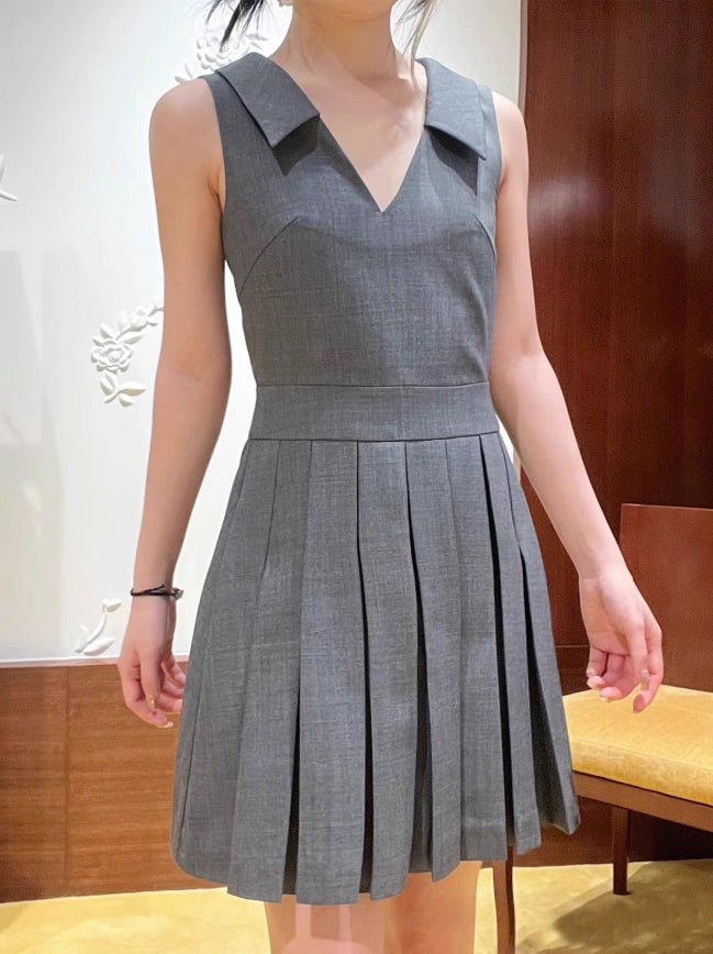 Grey Collared Pleated Skirt Dress